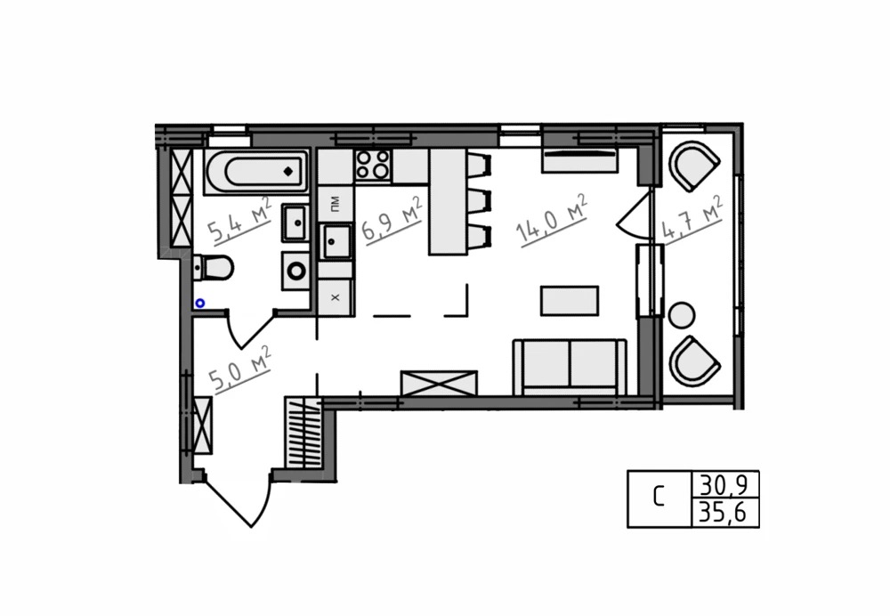 Пример планировки: Студия, 35,6 м²