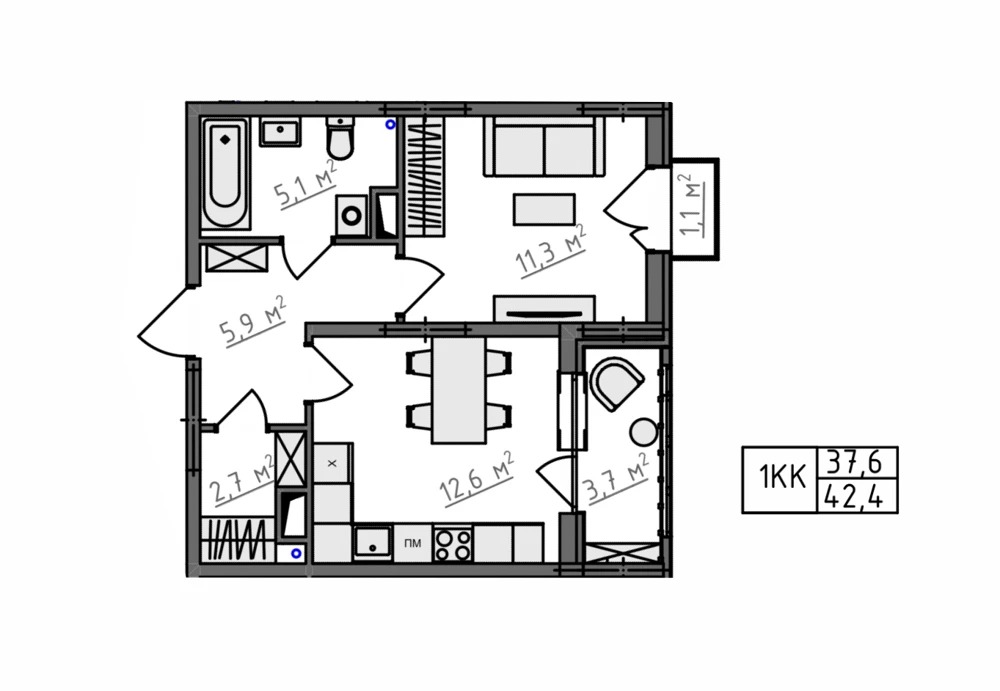 Пример планировки: 1-комнатная, 42,4 м²