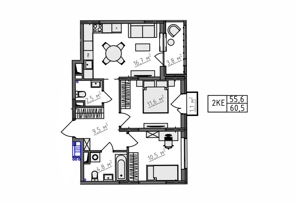 Пример планировки: 2-комнатная, 60,5 м²
