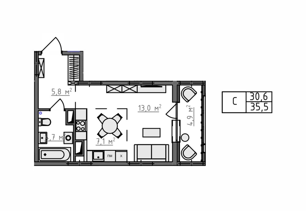 Пример планировки: Студия, 35,5 м²