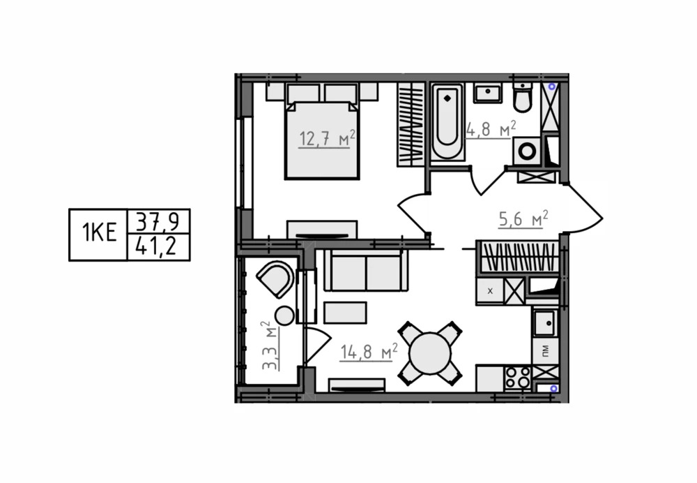 Пример планировки: 1-комнатная, 41,2 м²