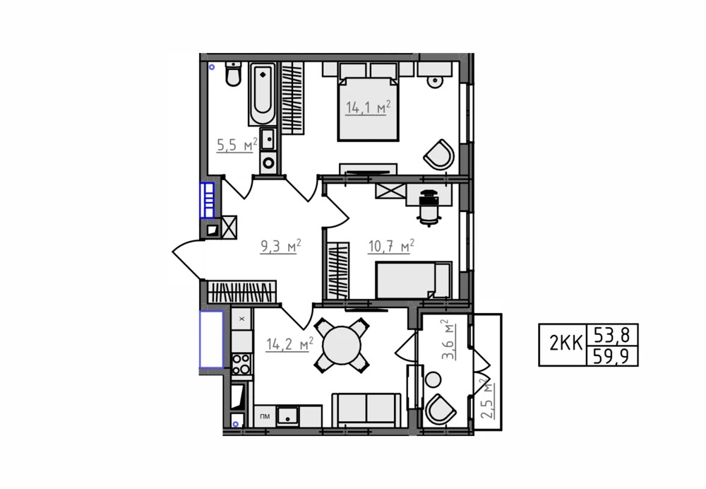 Пример планировки: 2-комнатная, 59,9 м²