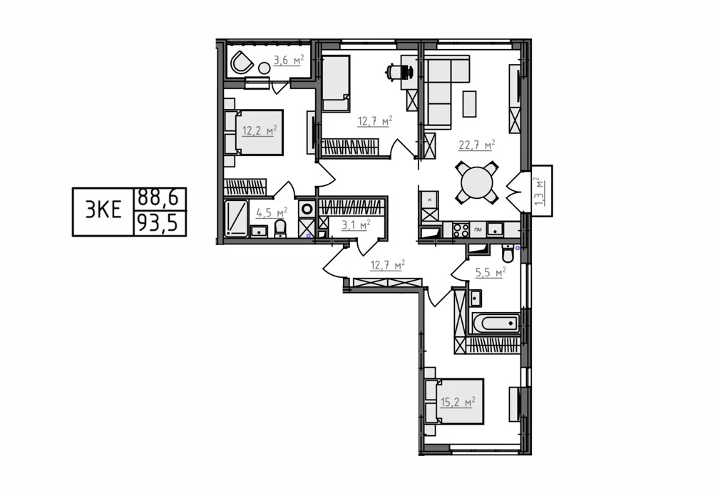 Пример планировки: 3-комнатная, 93,5 м²