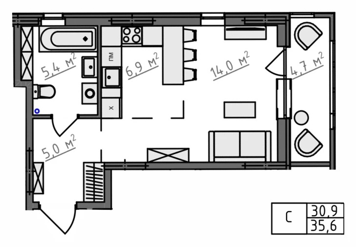 Планировка студия, 35,6 м², вариант KN-1-1-01