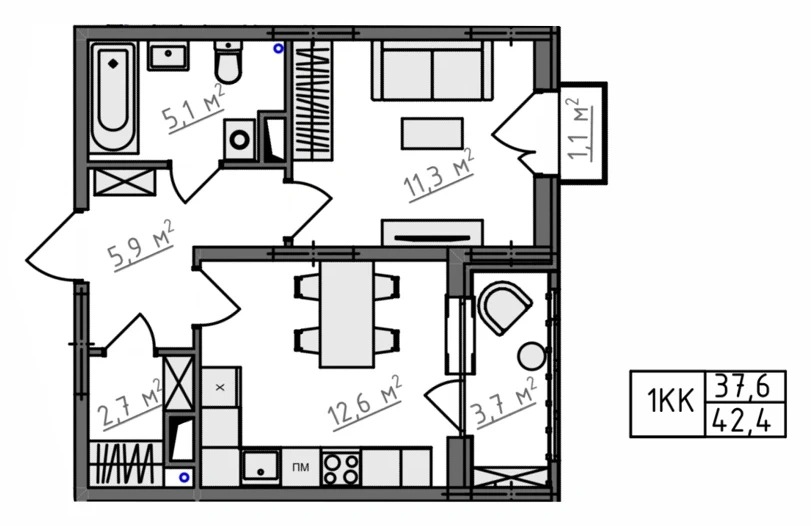 Планировка 1-комнатная, 42,4 м², вариант KN-1-2-02