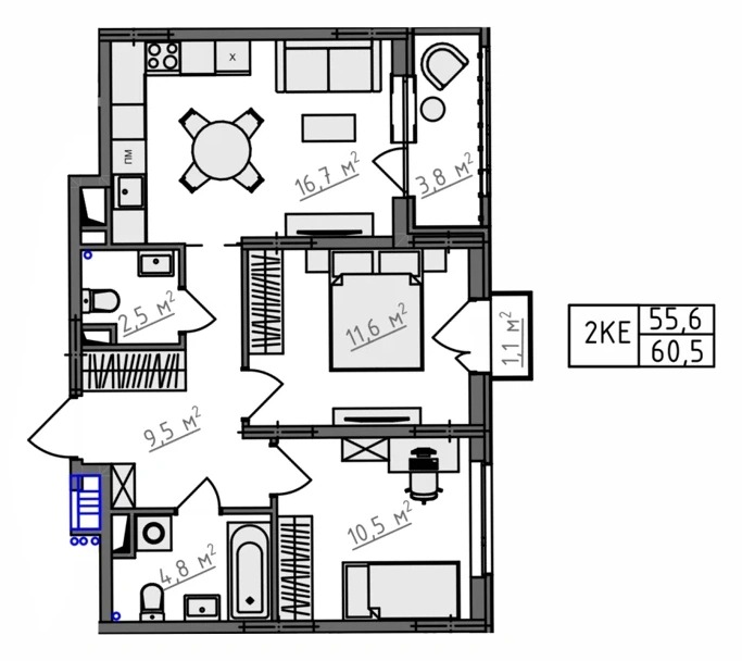 Планировка 2-комнатная, 60,5 м², вариант KN-1-2-03