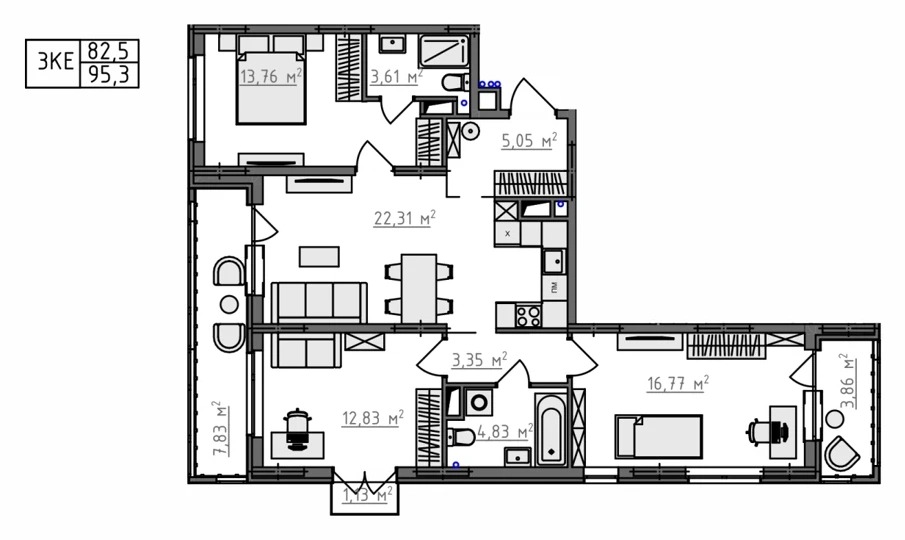 Планировка 3-комнатная, 95,3 м², вариант KN-1-4-04