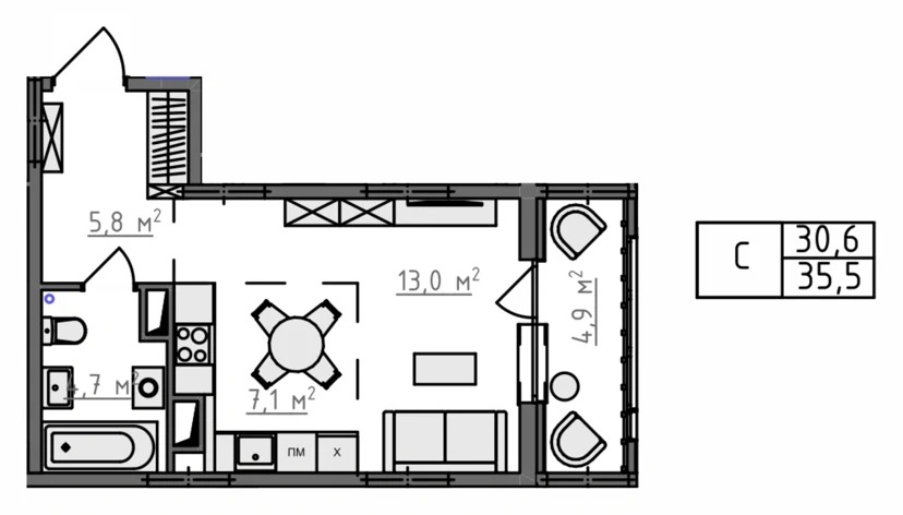 Планировка студия, 35,5 м², вариант KN-2-2-05