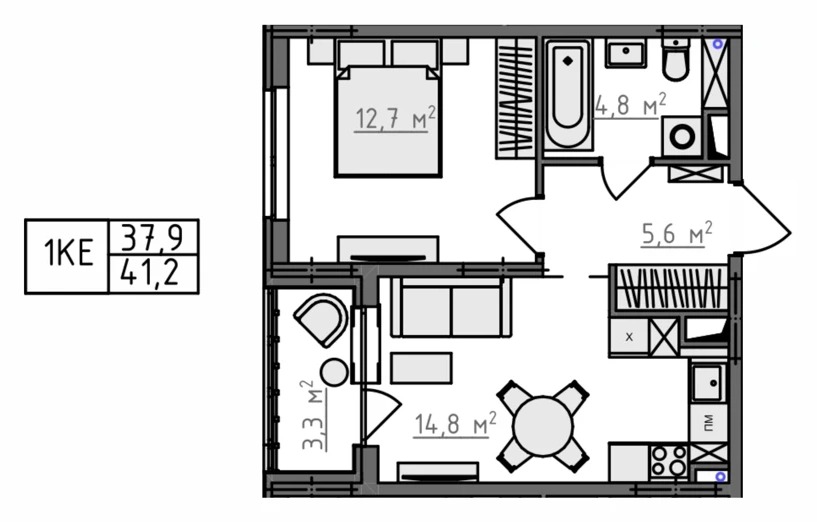 Планировка 1-комнатная, 41,2 м², вариант KN-2-2-06