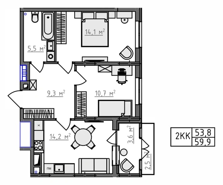 Планировка 2-комнатная, 59,9 м², вариант KN-2-2-07