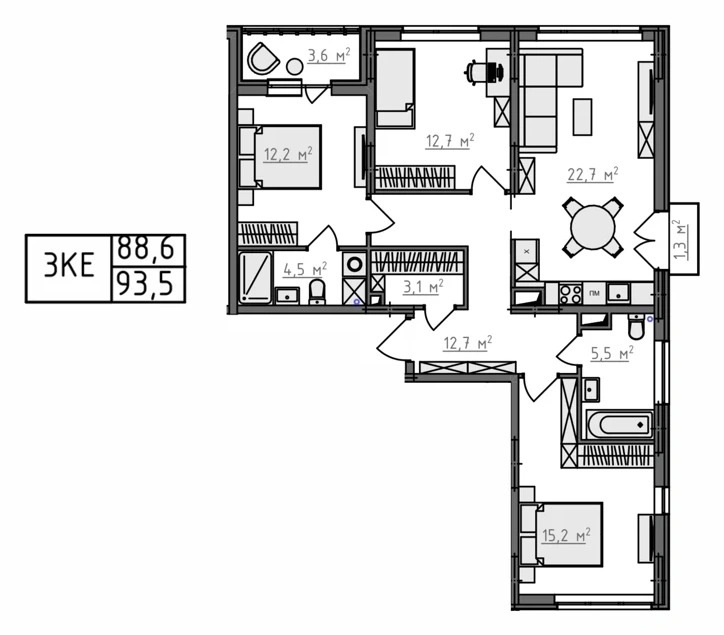 Планировка 3-комнатная, 93,5 м², вариант KN-2-2-08